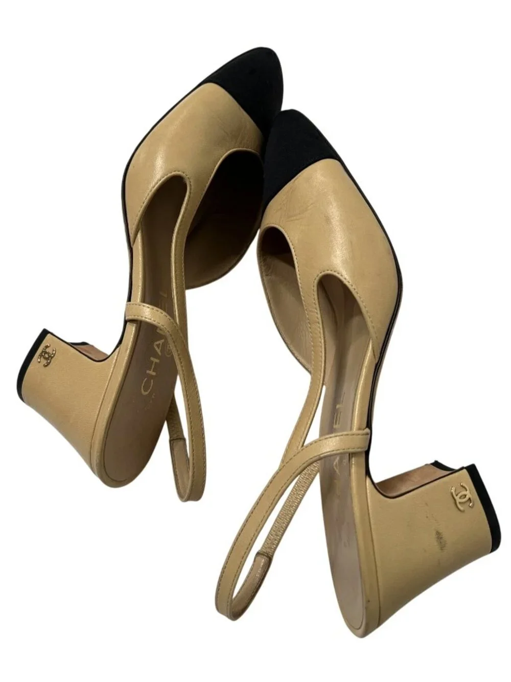Chanel Slingbacks in Goatskin & Grosgrain Beige Black